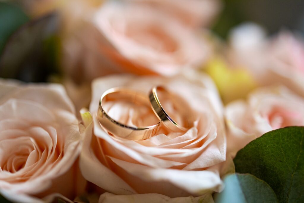 Wedding rings on the wedding bouquet of pink roses.